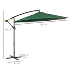3(m) Garden Banana Parasol Hanging Cantilever Umbrella with Crank Handle, 8 Ribs and Cross Base for Outdoor, Sun Shade, Dark Green