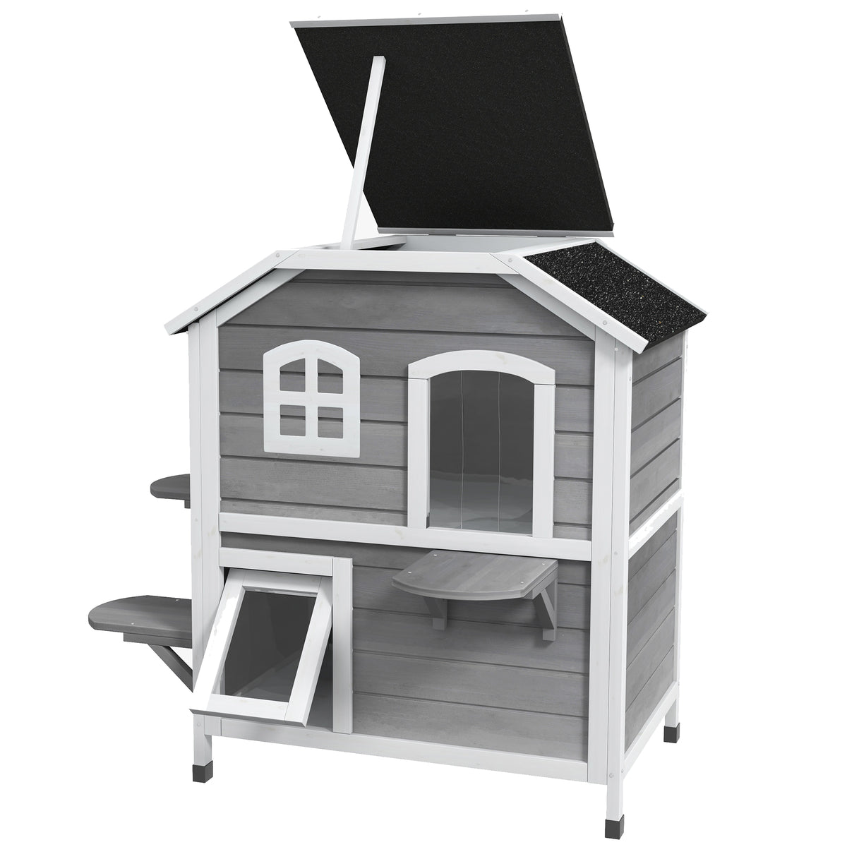 2-story Cat House Outdoor, Weatherproof Wooden Cat Enclosure with Escape Door, Openable Roof, Jumping Platforms, Grey