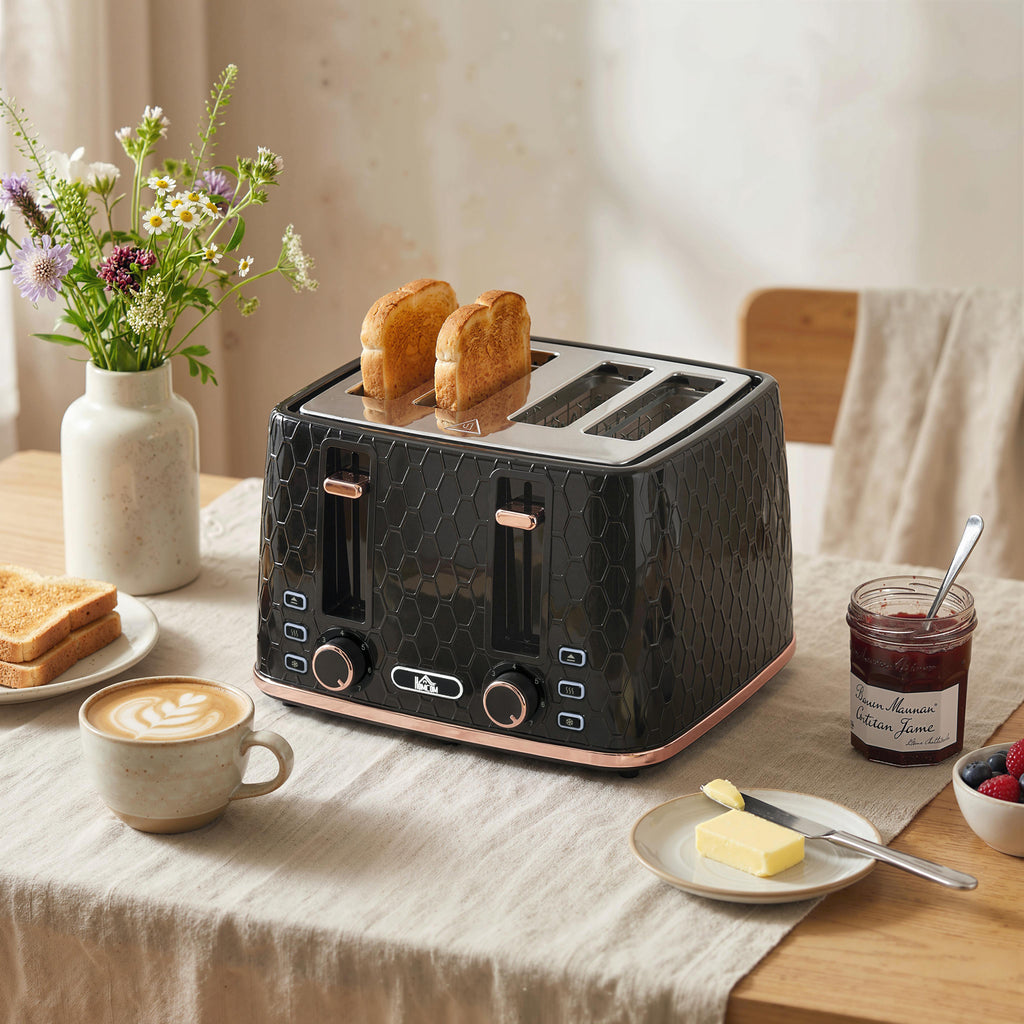 4-Scheiben-Toaster mit 7 Bräunungsstufen, High-Lift, Aufwärmen/Auftauen/Abbrechen, 1860W, Schwarz mit Wabenstruktur