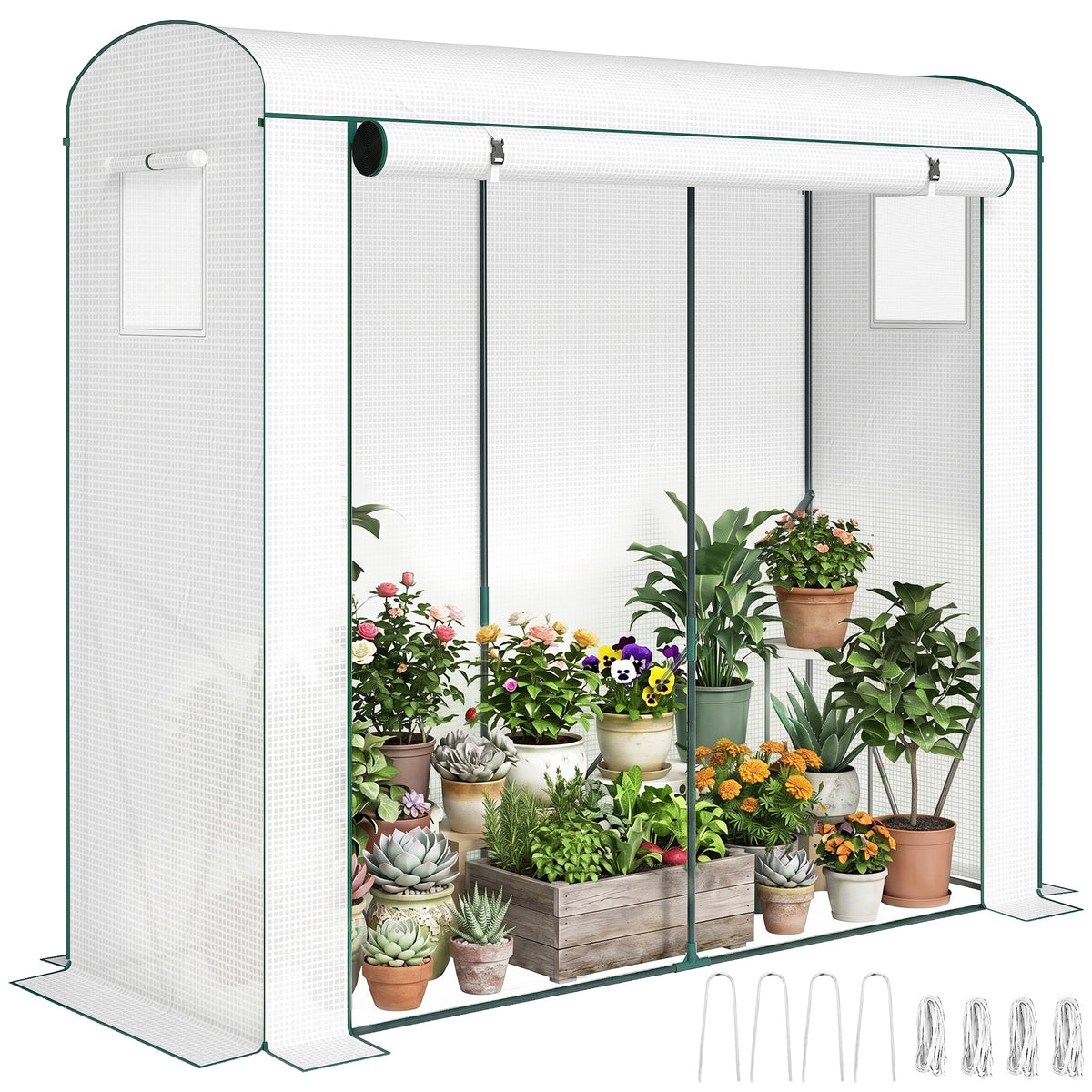 Mini Greenhouse, Garden Tomato Growhouse with Roll-Up Door and 2 Mesh Windows, PE Cover, 200 x 75 x 188 cm, White