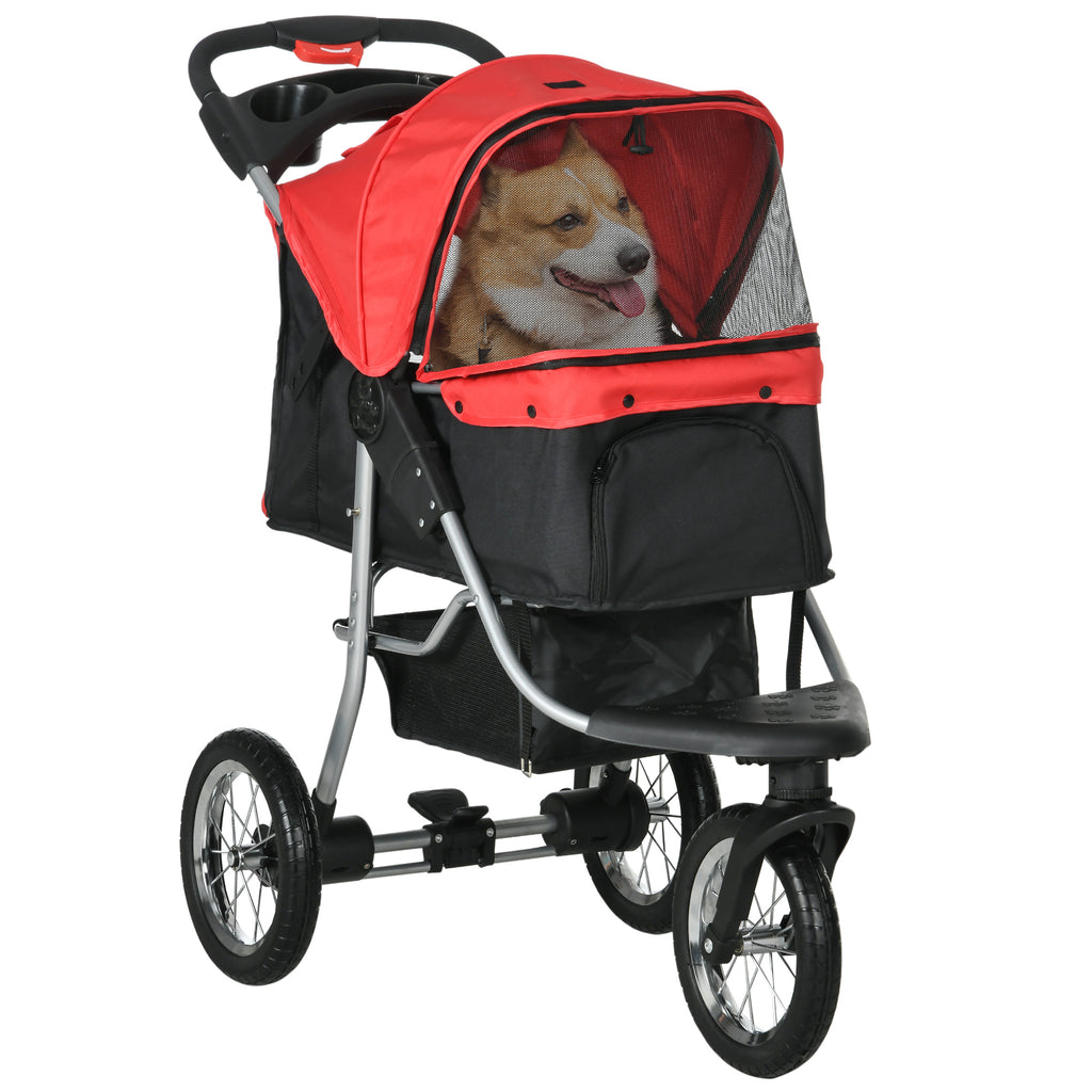 Hundewagen klappbar Hundebuggy für Hunde & Katzen bis 10 kg Katzenbuggy mit Netzfenstern Getränkbehalter Aufbewahrungskorb Katzenwagen Buggy Rot