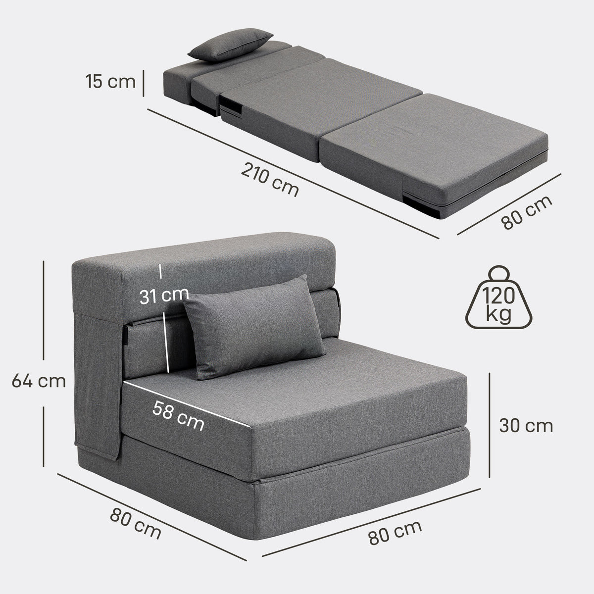 3 in 1 Schlafsessel mit Leinenoptik 80 x 80 x 64 cm Dunkelgrau