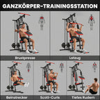 Kraftstation Fitnessstation mit Latzug, Butterflystange, verstellbar Preacher Bank, Beintrainer, bis 120kg Schwarz+Rot