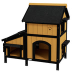 Wooden Cat House with Flower Pot, Windows, Multiple Entrances, Water-Resistant Roof for Outdoor - Yellow