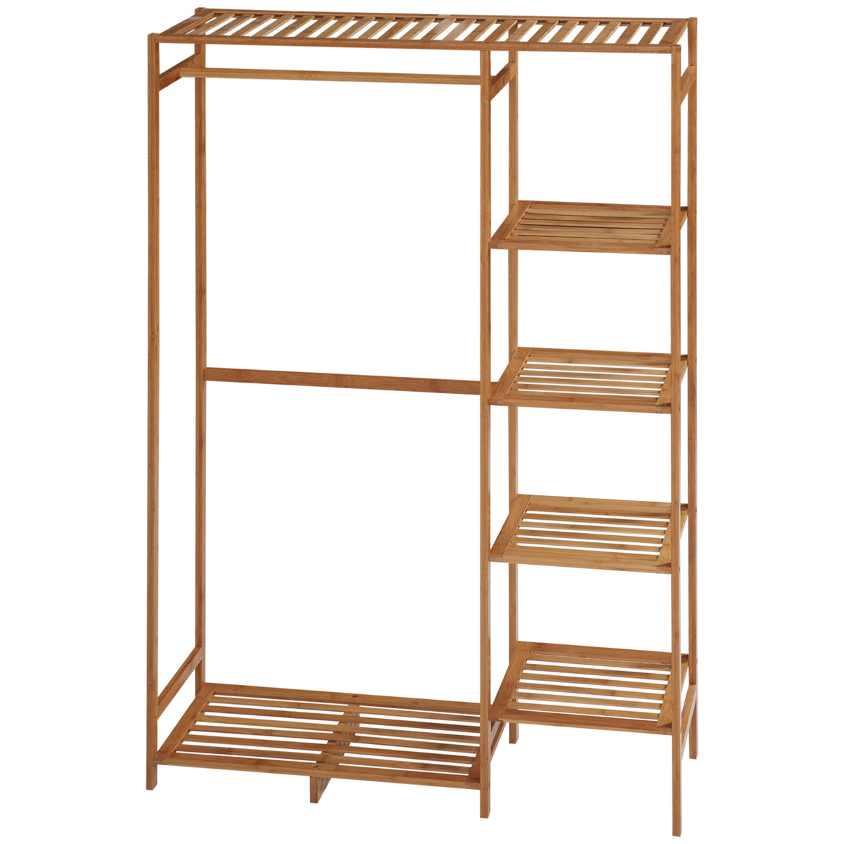 Bamboo Clothes Rack for Bedroom Garment Rack with 6-Tier Storage Shelf Hanging Rod Clothes Rail for Living Room Entryway