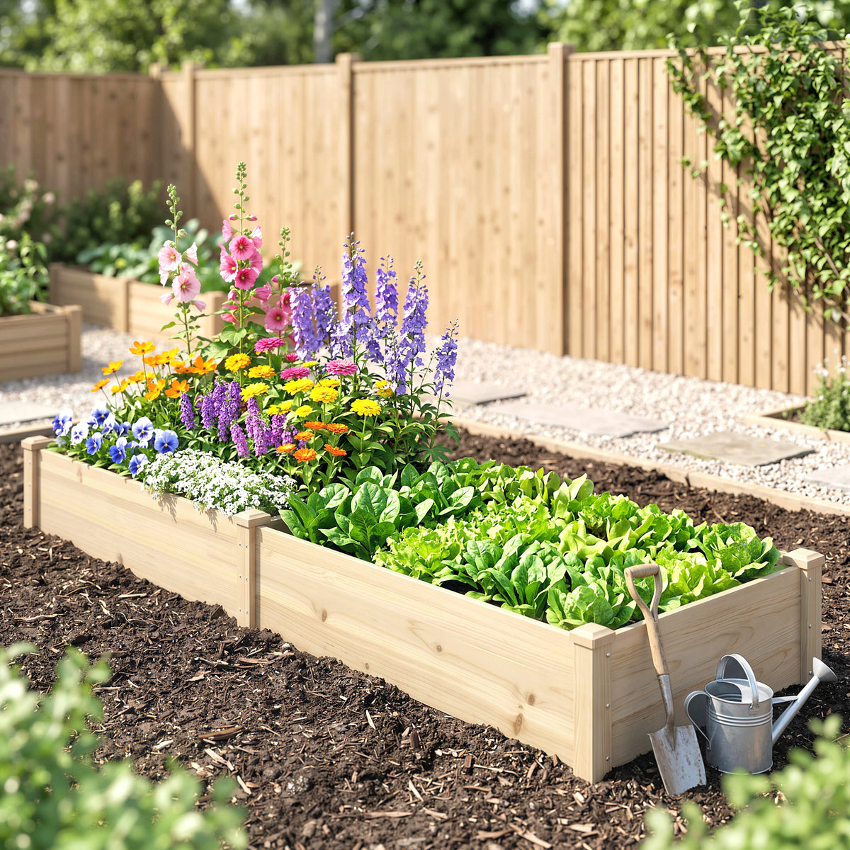 Hochbeet, 2 Pflanzbereiche, Innenverkleidung aus Vlies, wetterbest?ndig, Massivholz, 244?cm x 61,5?cm x 27 cm