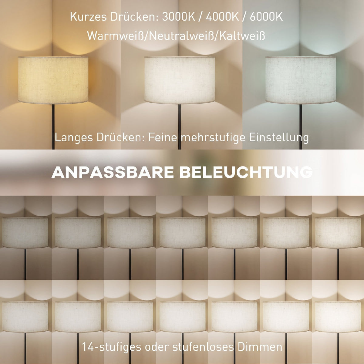 Stehlampe Dimmbar mit Leinenschirm E27 Höhenverstellbar Schwarz