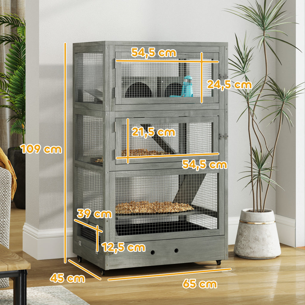 4-stufiger Hamsterkäfig aus Holz, mit Hütten, Wippe, Futterschalen, Rampen, Rollen, 65 x 45 x 109 cm, Grau
