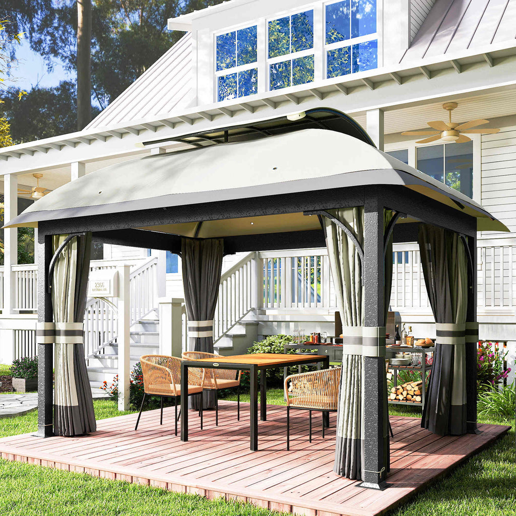 Gartenpavillon, 3,3 x 4 m Gartenzelt mit Netz-Vorhängen, zweistufiges Dach, Kunstleder-Bezug, Metallrahmen, Hellgrau