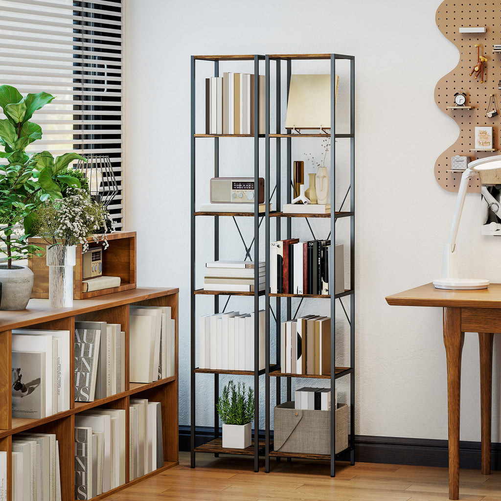 2er-Set 6-Ebenen-Bücherregal, Stahlrahmen, für Wohnzimmer, Büro, Schlafzimmer, Rustikal-Braun