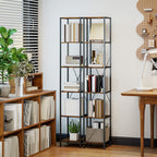 2er-Set 6-Ebenen-Bücherregal, Stahlrahmen, für Wohnzimmer, Büro, Schlafzimmer, Rustikal-Braun