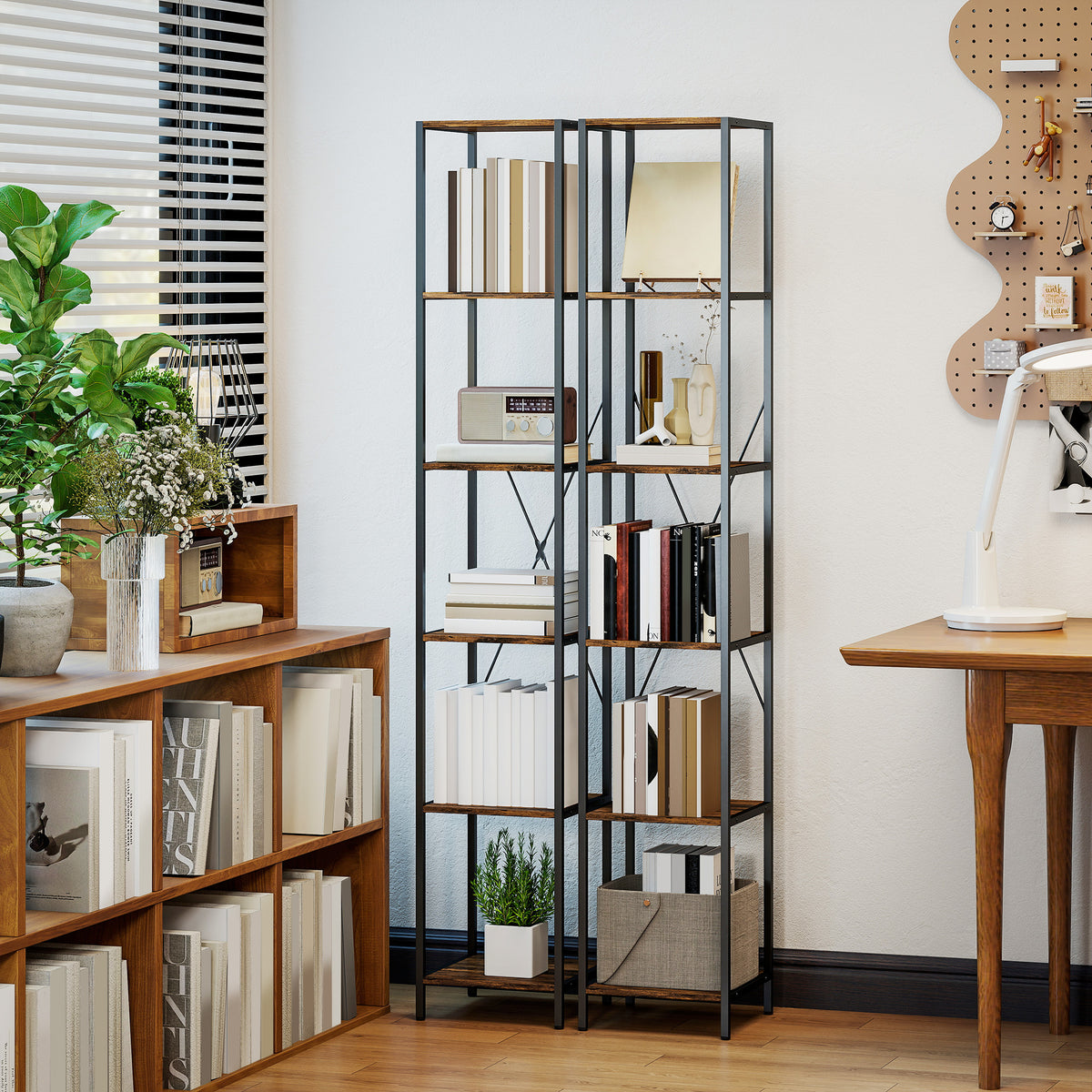 2er-Set 6-Ebenen-Bücherregal, Stahlrahmen, für Wohnzimmer, Büro, Schlafzimmer, Rustikal-Braun