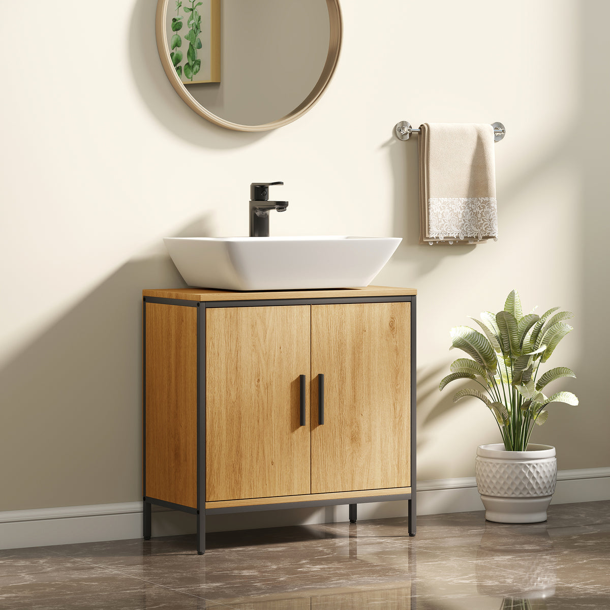 Waschbeckenunterschrank Badezimmer Unterschrank mit 2 Türen, einstellbarem Regal Badezimmerschrank mit Stahlrahmen, für Waschbecken ohne Sockel, Eiche, 60x30x60 cm