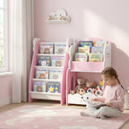 3-in-1 Kinderregal mit Spielzeugaufbewahrung, Modularer Bücherregal mit 4 Taschen & 3 Ebenen sowie Nachttisch, Rosa