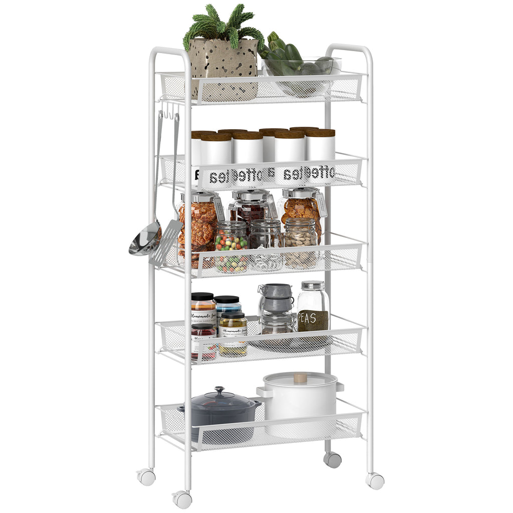 Five-Steel Mesh Basket Storage Trolley, with Wheels - White