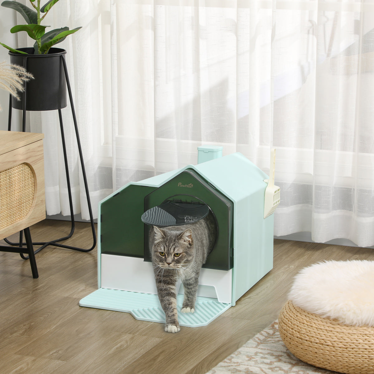 Hooded Cat Litter Tray w/ Scoop Light Blue