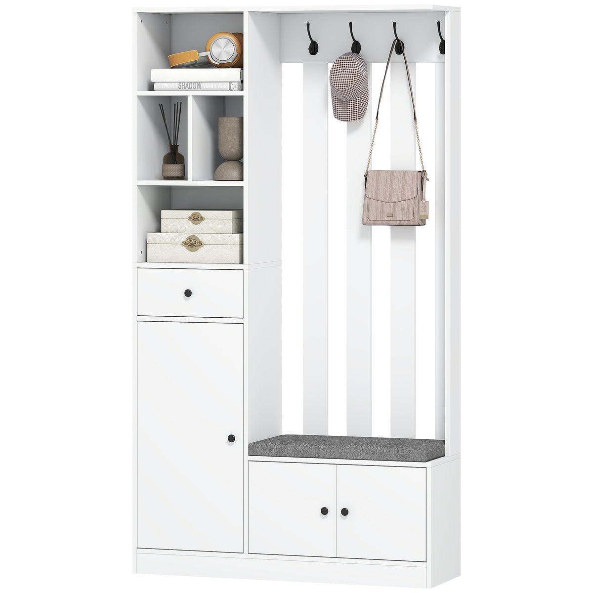 180 cm Garderobenschrank mit Kleiderständer, Schuhbank, 4 Haken, offene Ablageflächen, MDF, Weiß