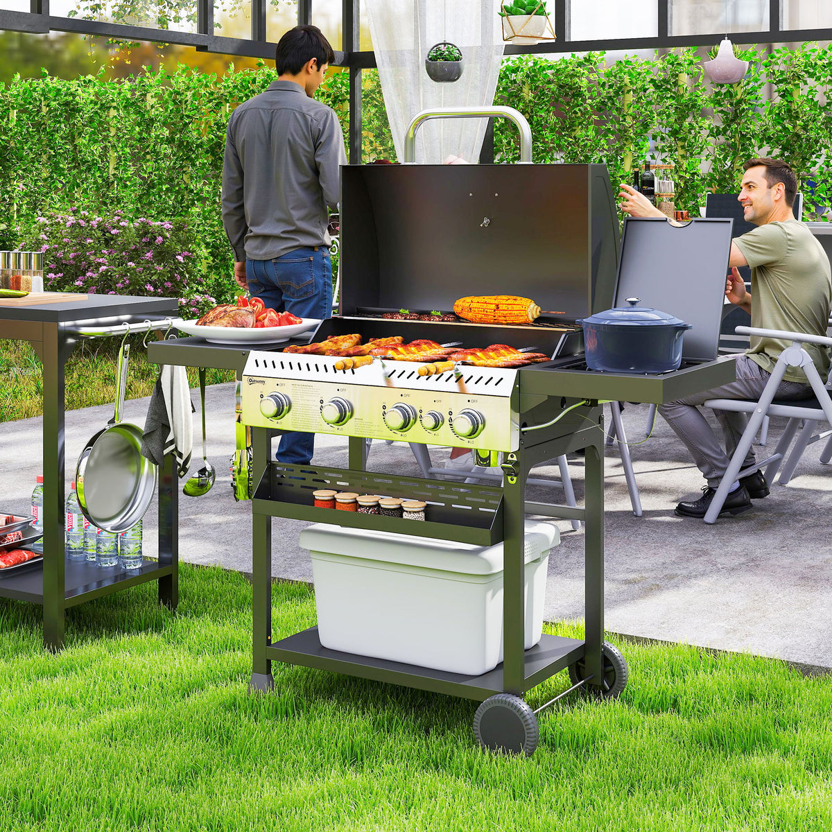 Gasgrill, BBQ-Grill, 4 Hauptbrenner, 1 Seitenkocher, 1 Warmhalteplatte; 135 x 55 x 103 cm, Schwarz