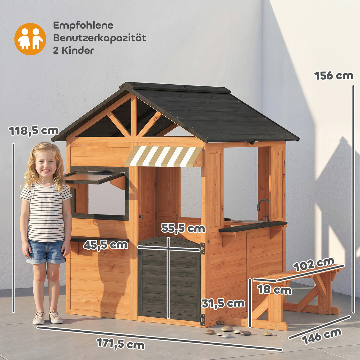 Kinderspielhaus Holz Spielhaus Outdoor mit Küche Bank Verkaufstheke Fenster Tür für 3-8 Jahre 171,5 x 146 x 156 cm Braun