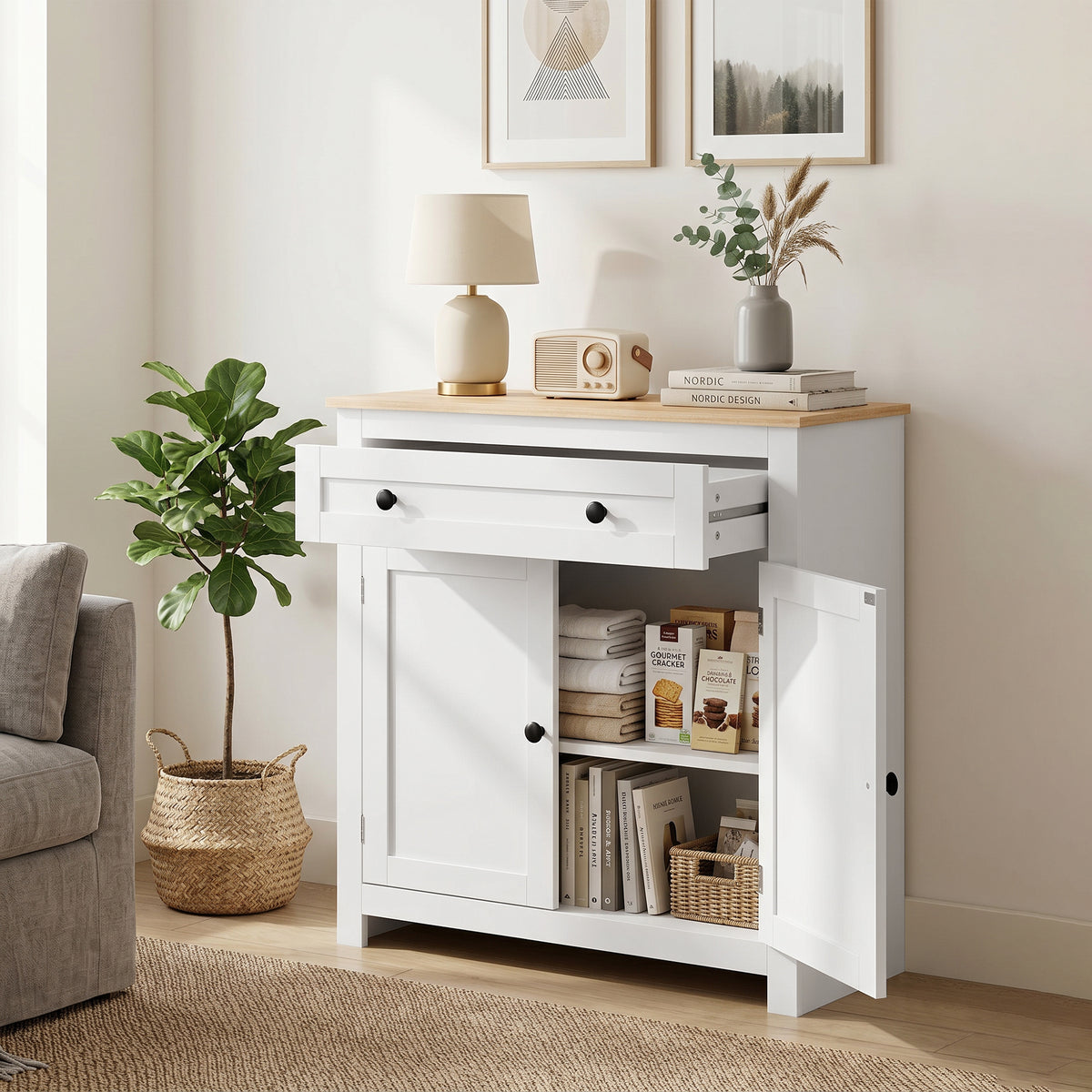 Sideboard Küchenschrank mit Schublade, Doppeltür, Verstellbarer Einlegeboden, für Wohnzimmer, 78,5 x 35 x 80 cm Weiß