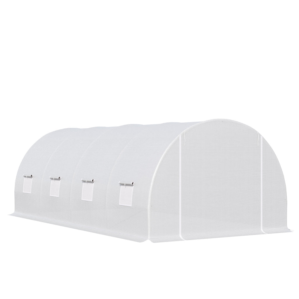  Gewächshaus 595x300x200cm Foliengewächshaus Tomatenhaus mit Tür, Fenster, Folientunnel aus verzinktem Stahl, Pflanztunnel, Treibhaus inkl. Erdanker Seilen, Gartentunnel, Weiß