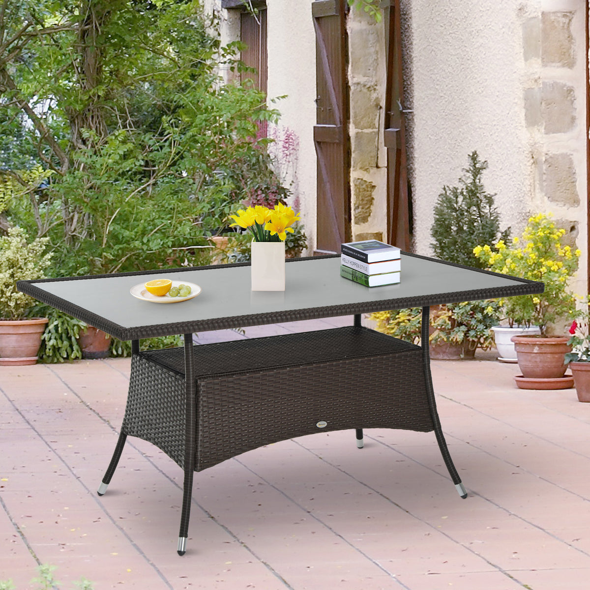 Gartentisch Glastisch Esstisch Gartenmöbel Tisch, Polyrattan+Sicherheitsglas, Braun+Schwarz, 150x85x74cm