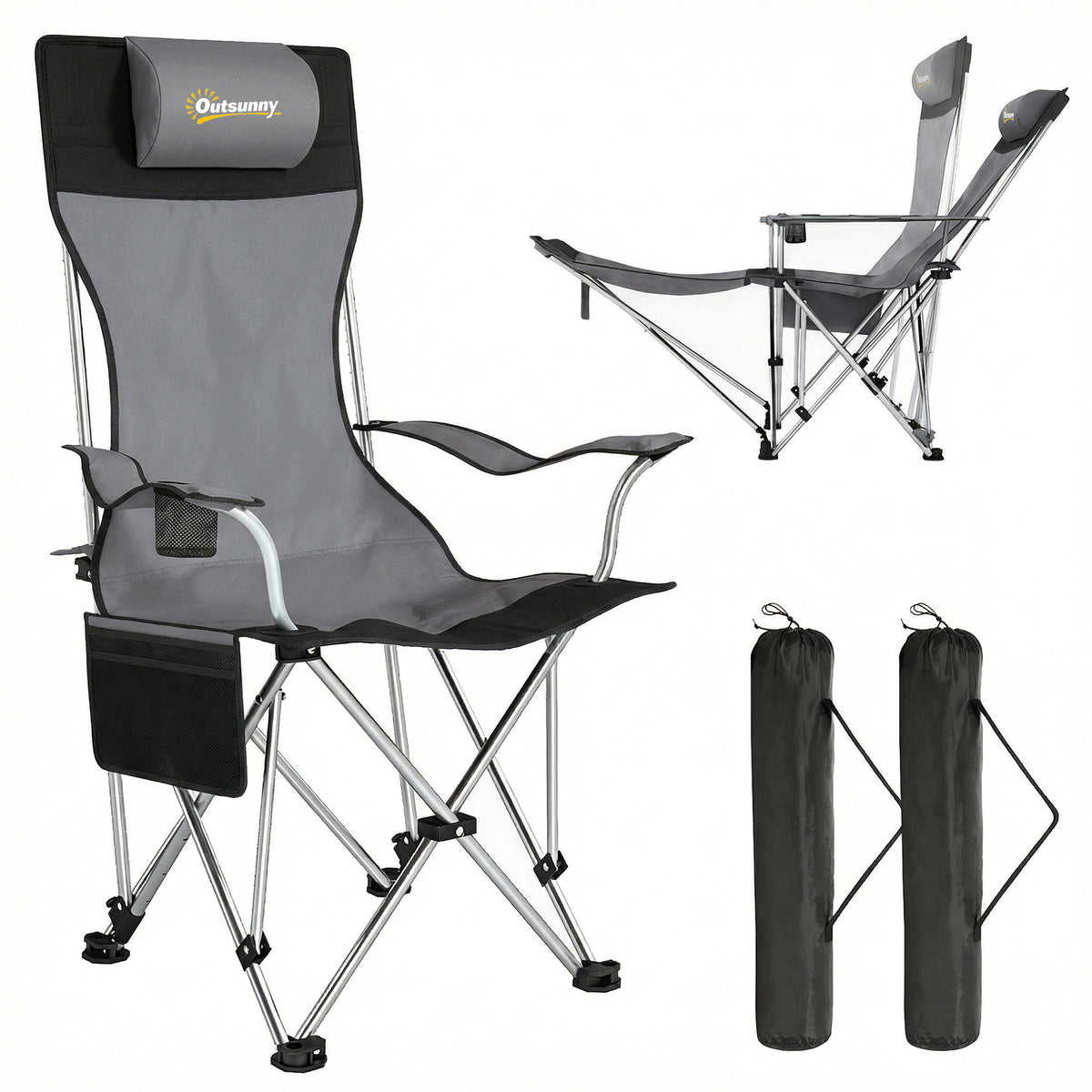 2er Set Campingstuhl faltbar Angelstuhl mit abnehmbar Fußstütze Getränkehalter belastbar 120 kg Grau