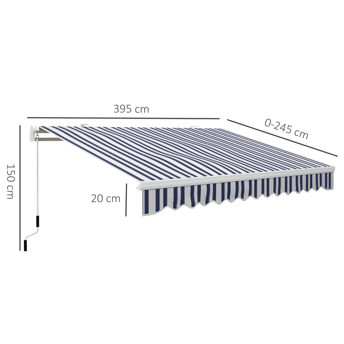 Markise, Sonnenschutz, einfahrbar, mit Handkurbel, Metallrahmen, Polyester, blau+weiß, 3,95 x 2,45 x 3,50 m