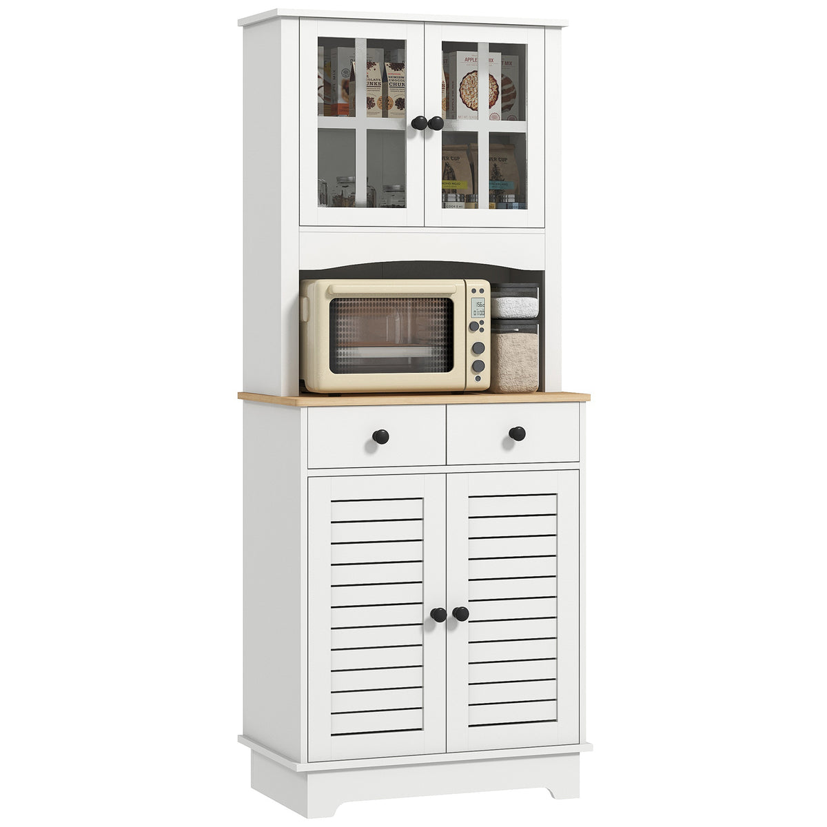 K¨¹chenschrank mit Glast¨¹ren, 2 Schubladen, Geschirrschrank, Esszimmerschrank, Holz, 68 x 39,5 x 170 cm, Wei?