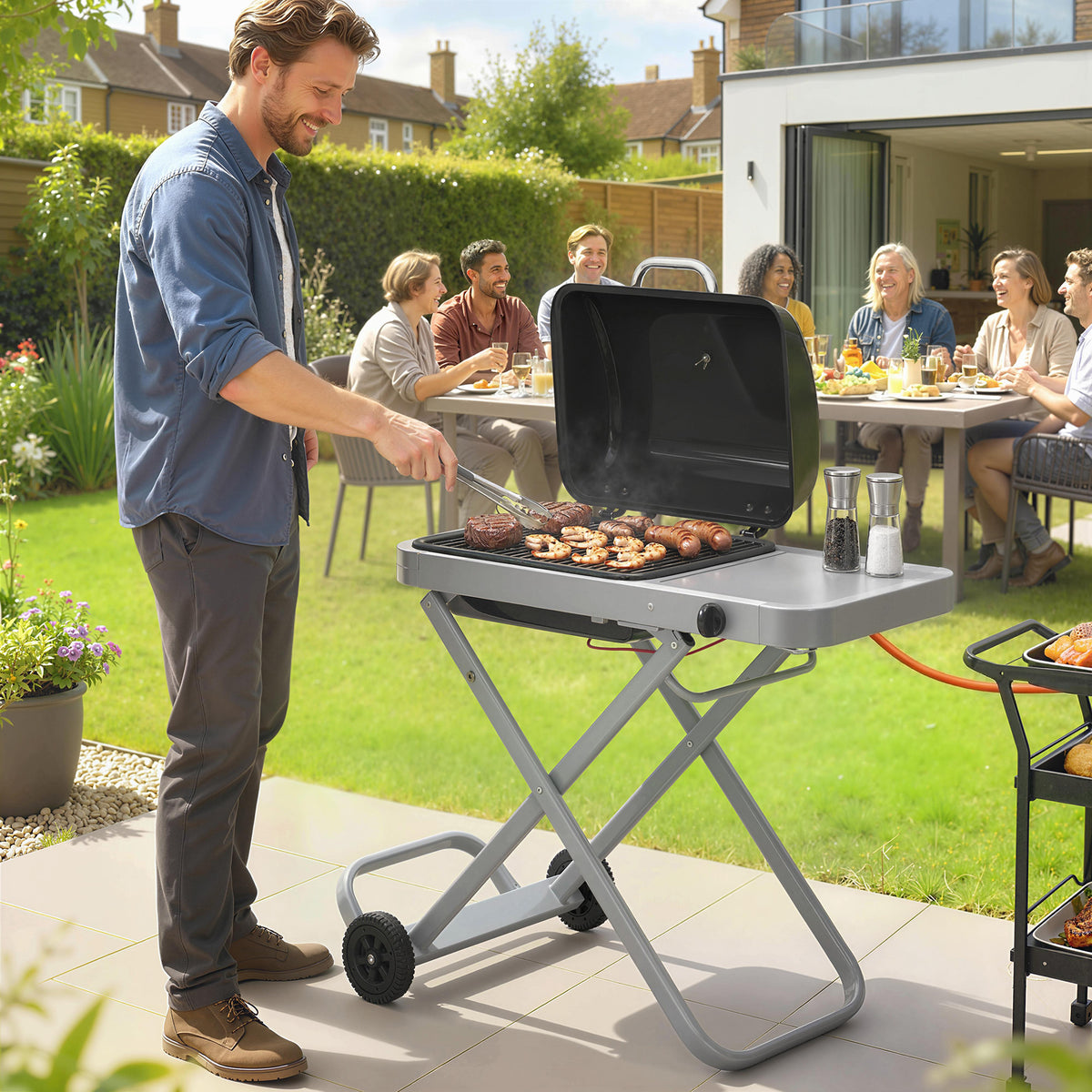 Tragbarer Gasgrill 1-Brenner 2,5kW Grillwagen mit Faltbarem Rollwagen Grillrost Seitentisch Deckel Thermometer