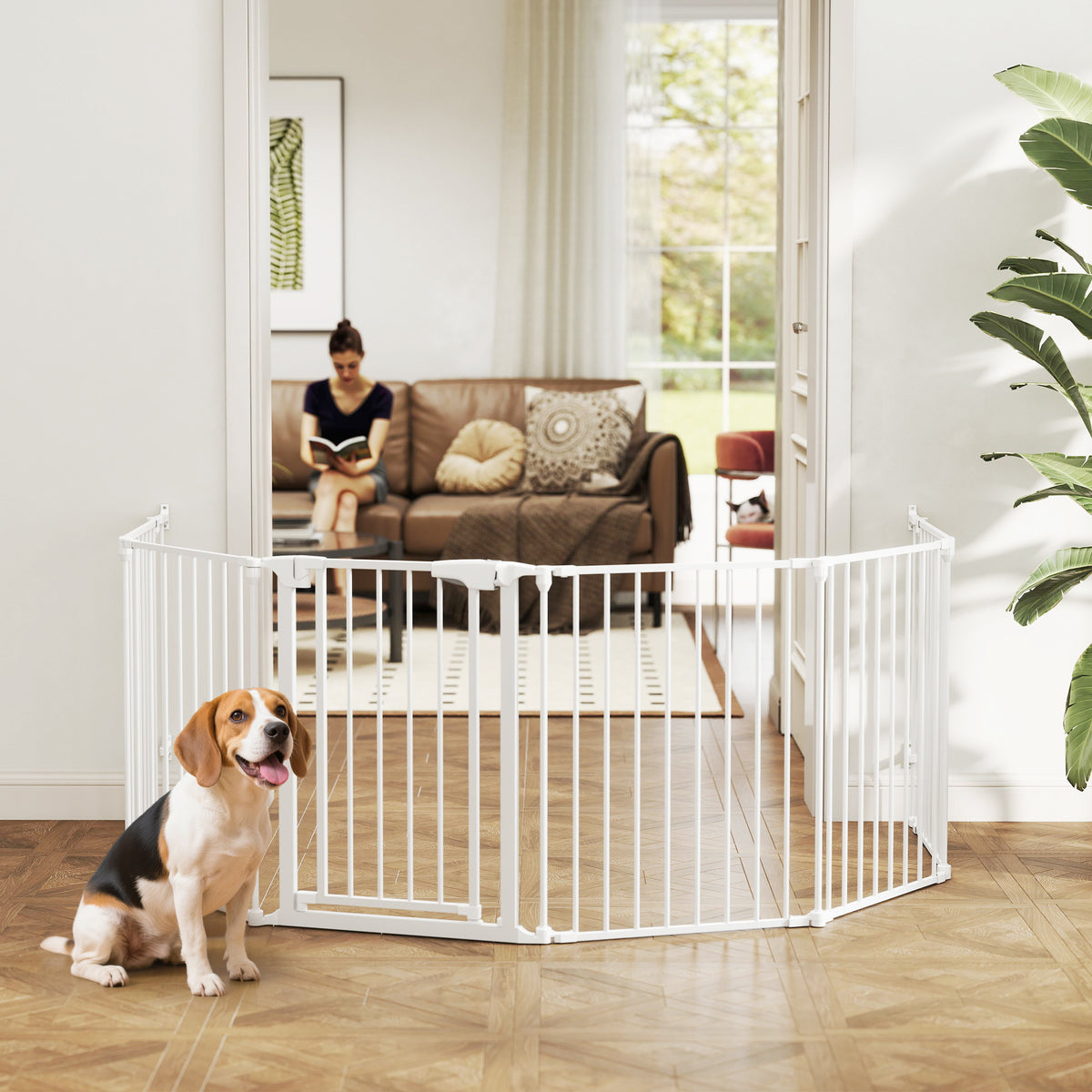 Haustierzaun, 6-Panel-Barriere mit Tür, faltbar, für kleine & mittelgroße Hunde, Kunststoff, Kohlenstoffstahl, Weiß