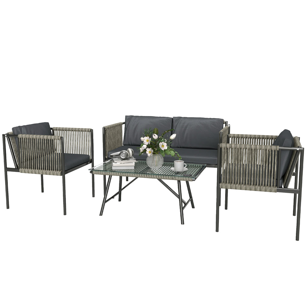 4-teiliges Gartenmöbel-Set, 1 Sofa, 2 Sessel, 1 Tisch mit Glasplatte, Kissen, Stahlrahmen, Kunststoff-Rattan, Grau