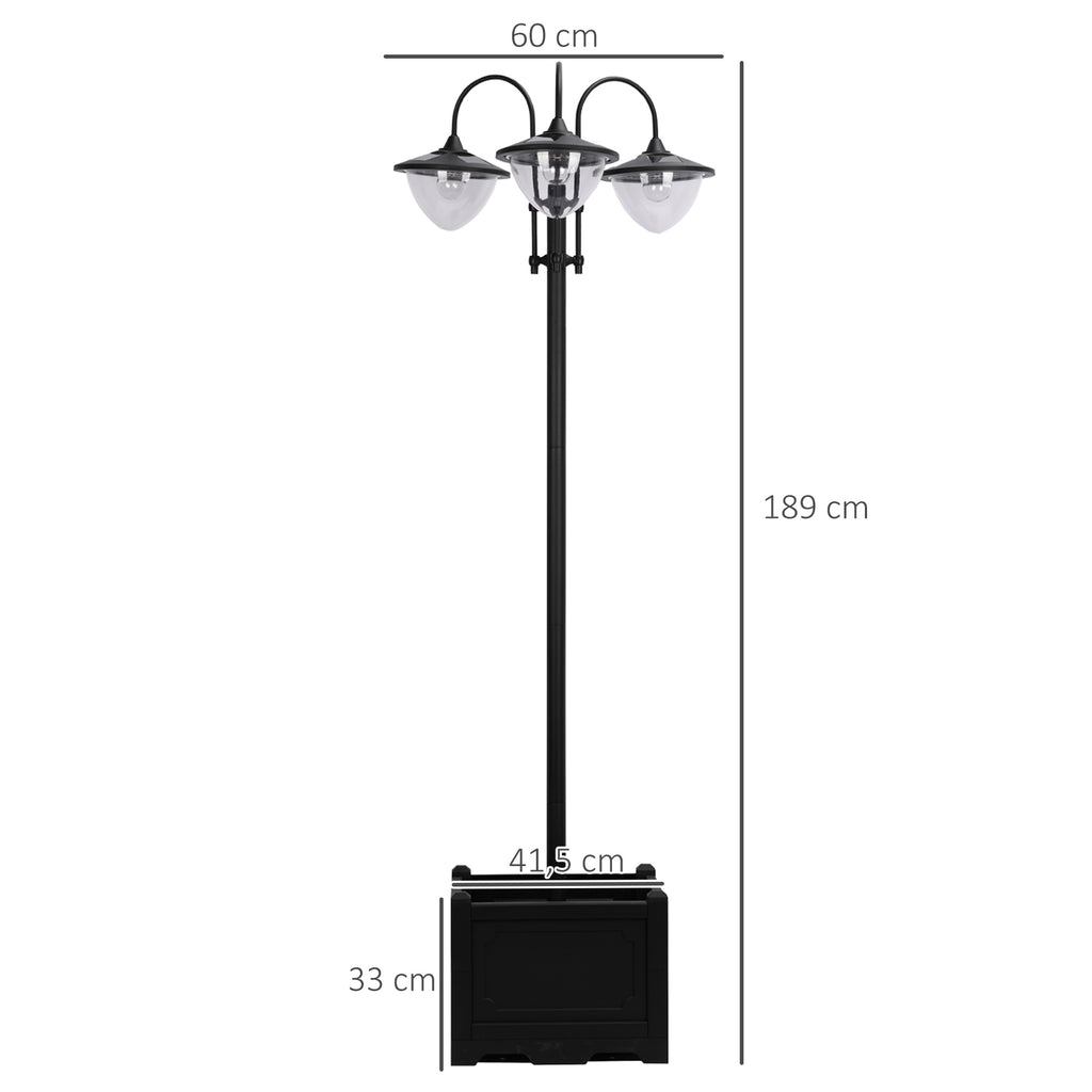  189cm 3-head Solar Lamp Post, Street Light with Planter, Automatic-on, 6 Hour Max Outdoor Ready LED Lighting, Black
