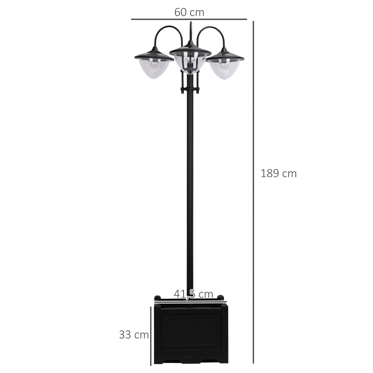  189cm 3-head Solar Lamp Post, Street Light with Planter, Automatic-on, 6 Hour Max Outdoor Ready LED Lighting, Black