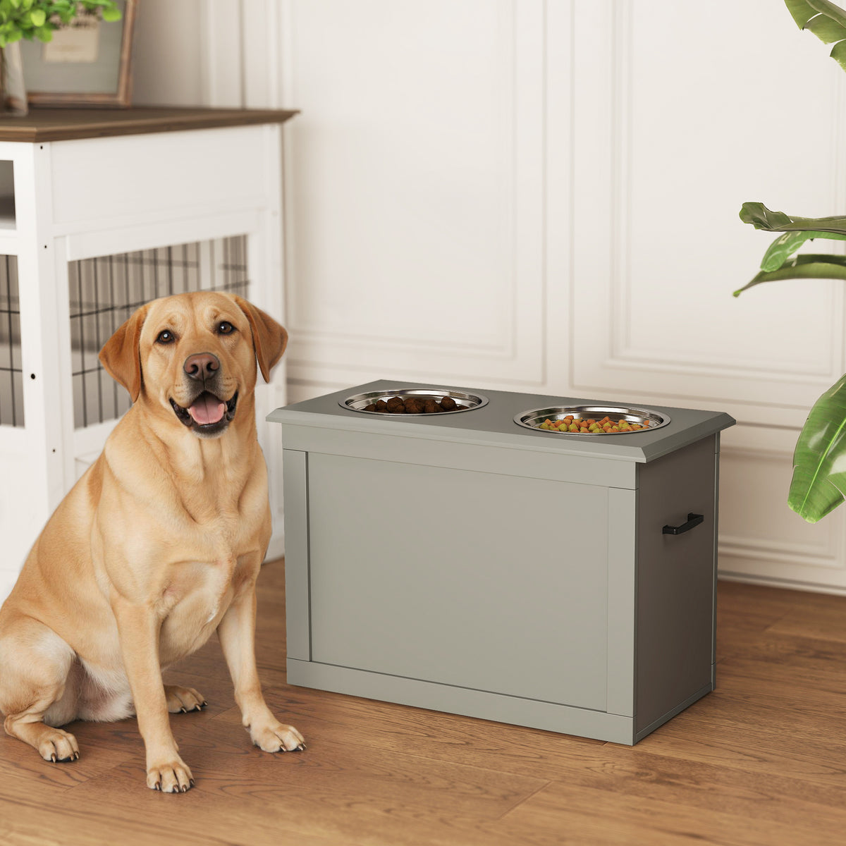 Raised Dog Bowls, with Storage, Two Stainless Steel Bowls, Elevated Base - Grey