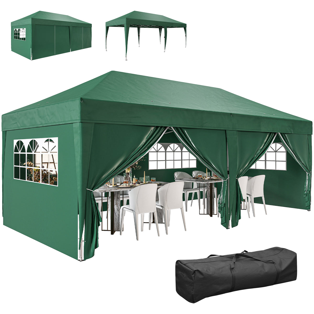 3 x 6m Pop-Up Gazebo, with Curtain Walls and Windows - Dark Green