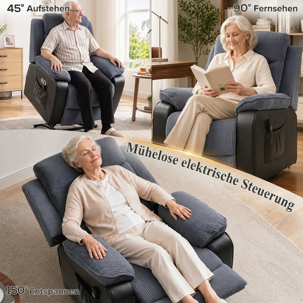 Aufstehsessel mit weichem Cordbezug, Recliner-Sessel mit Fernbedienung und Seitentaschen, Dunkelgrau