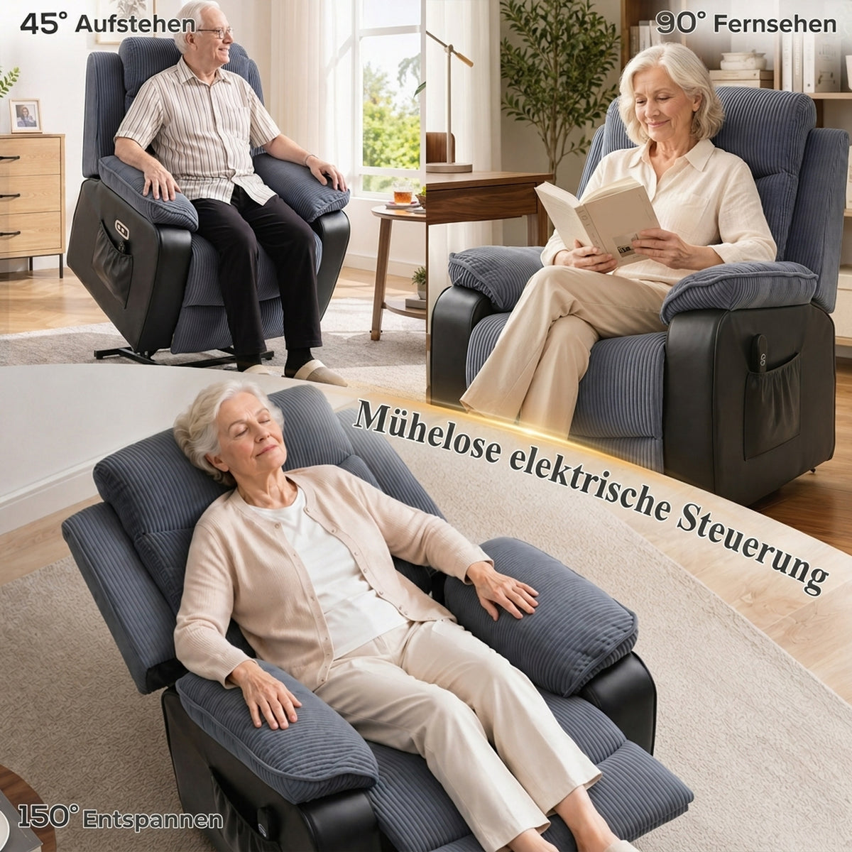 Aufstehsessel mit weichem Cordbezug, Recliner-Sessel mit Fernbedienung und Seitentaschen, Dunkelgrau