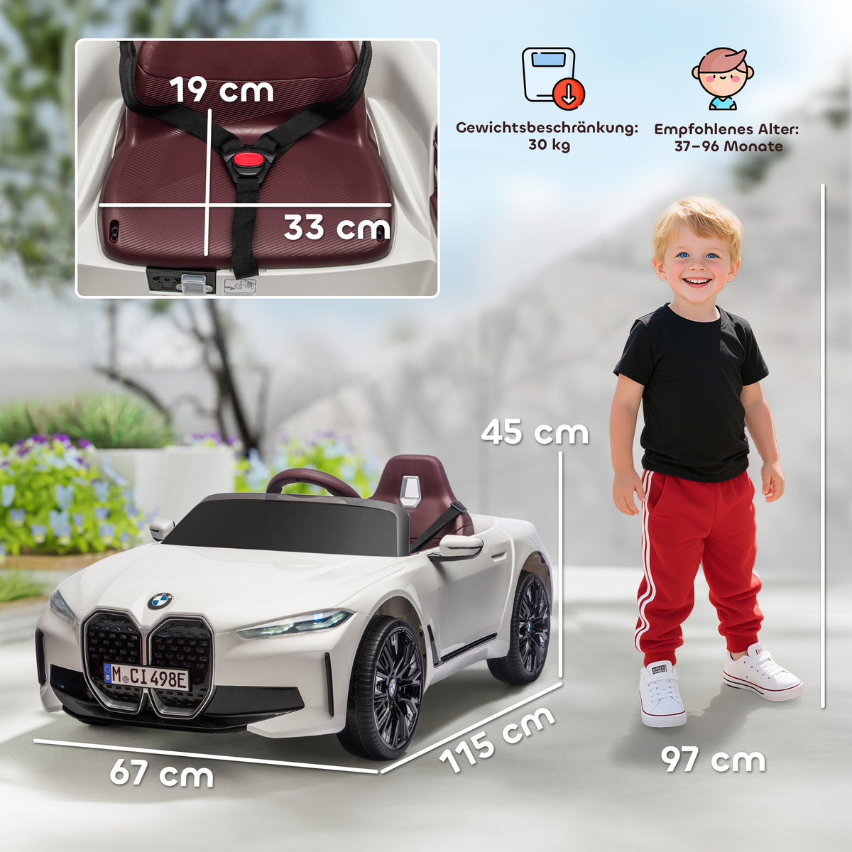 Kinderauto, aufladbarer Akku, 3-5 km/h, mit Fernbedienung, Multimedia-Player, weiß
