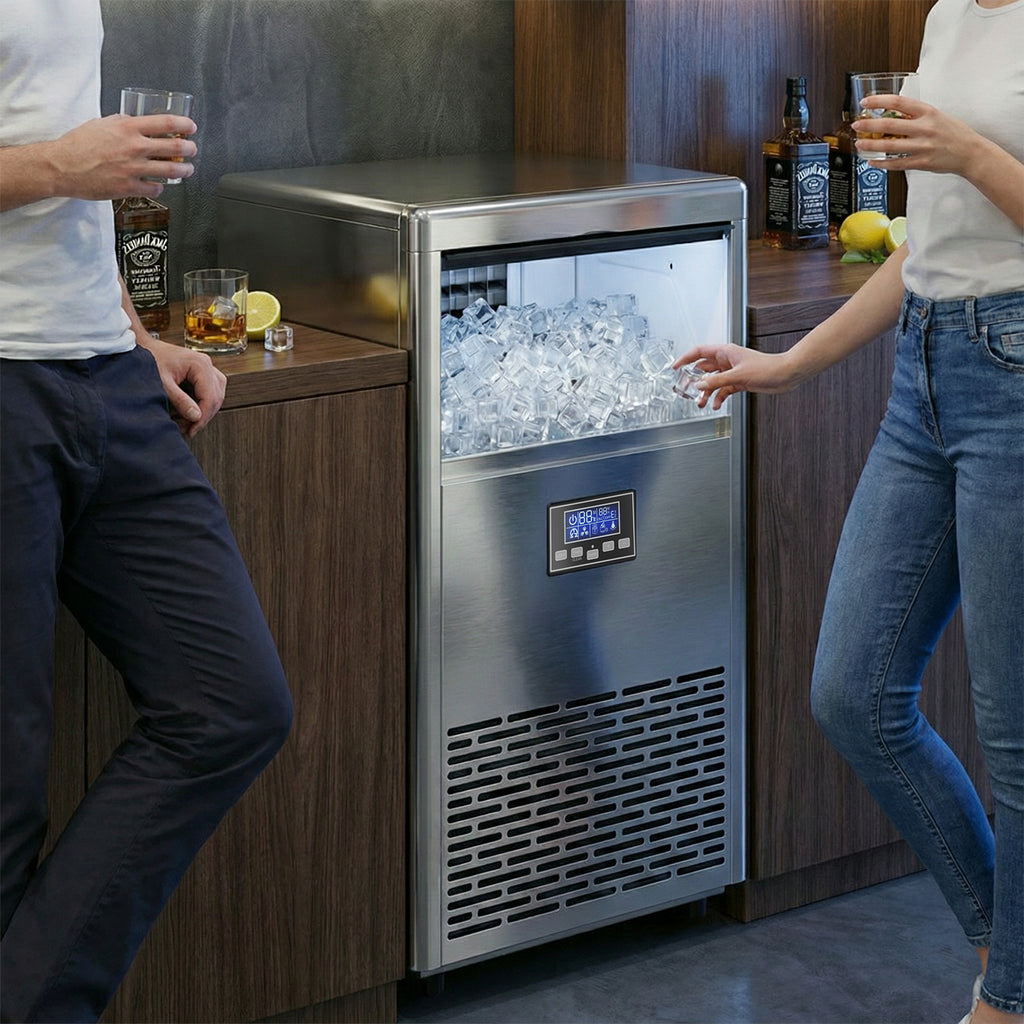 Gewerblicher Eiswürfelbereiter 45 kg/24 Std., Edelstahl, mit 13 kg Speicher, Selbstreinigung, Silber