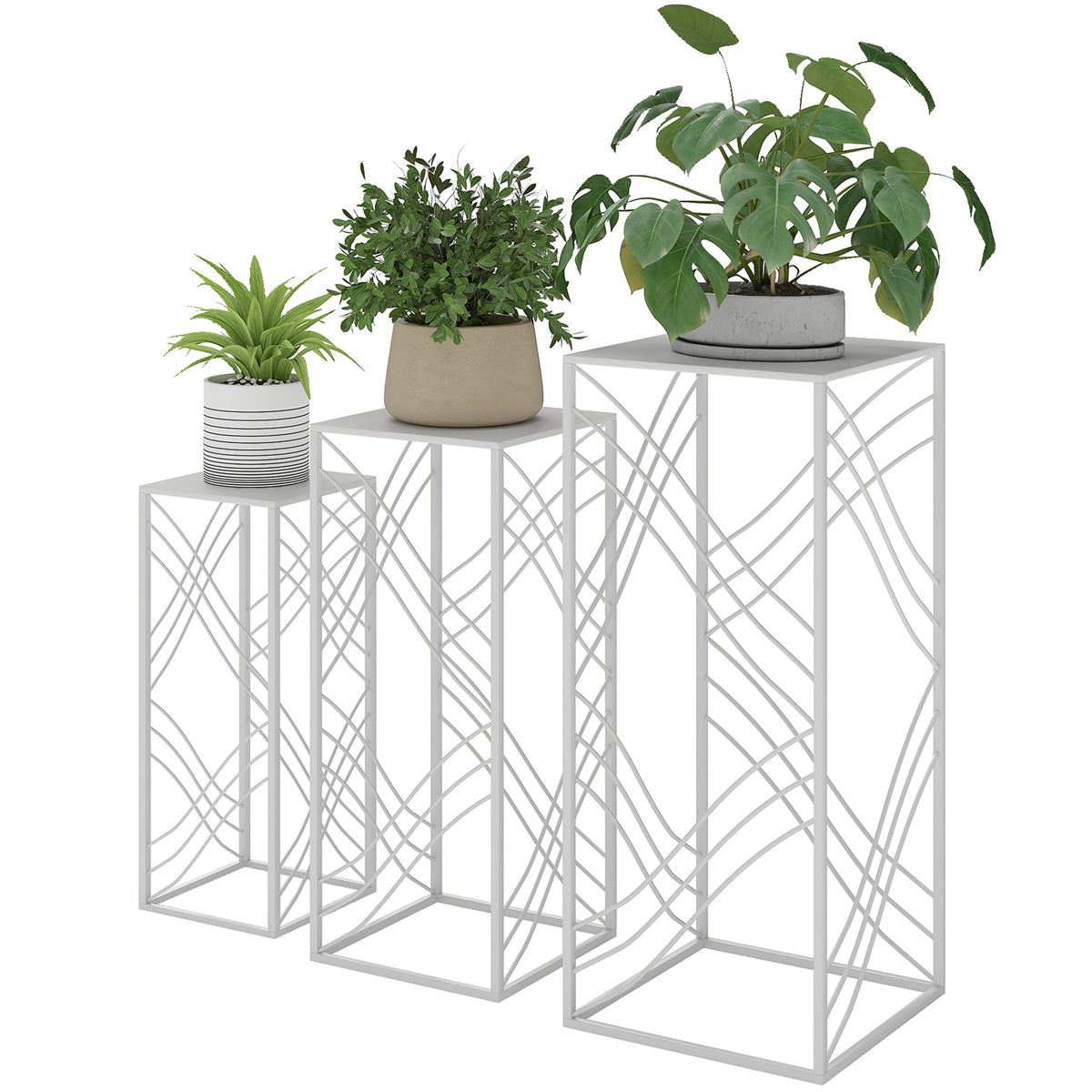 3er-Set Pflanzenständer, 50/60/70 cm hoch Blumenständer, stapelbar Pflanzenregal aus Metall Weiß