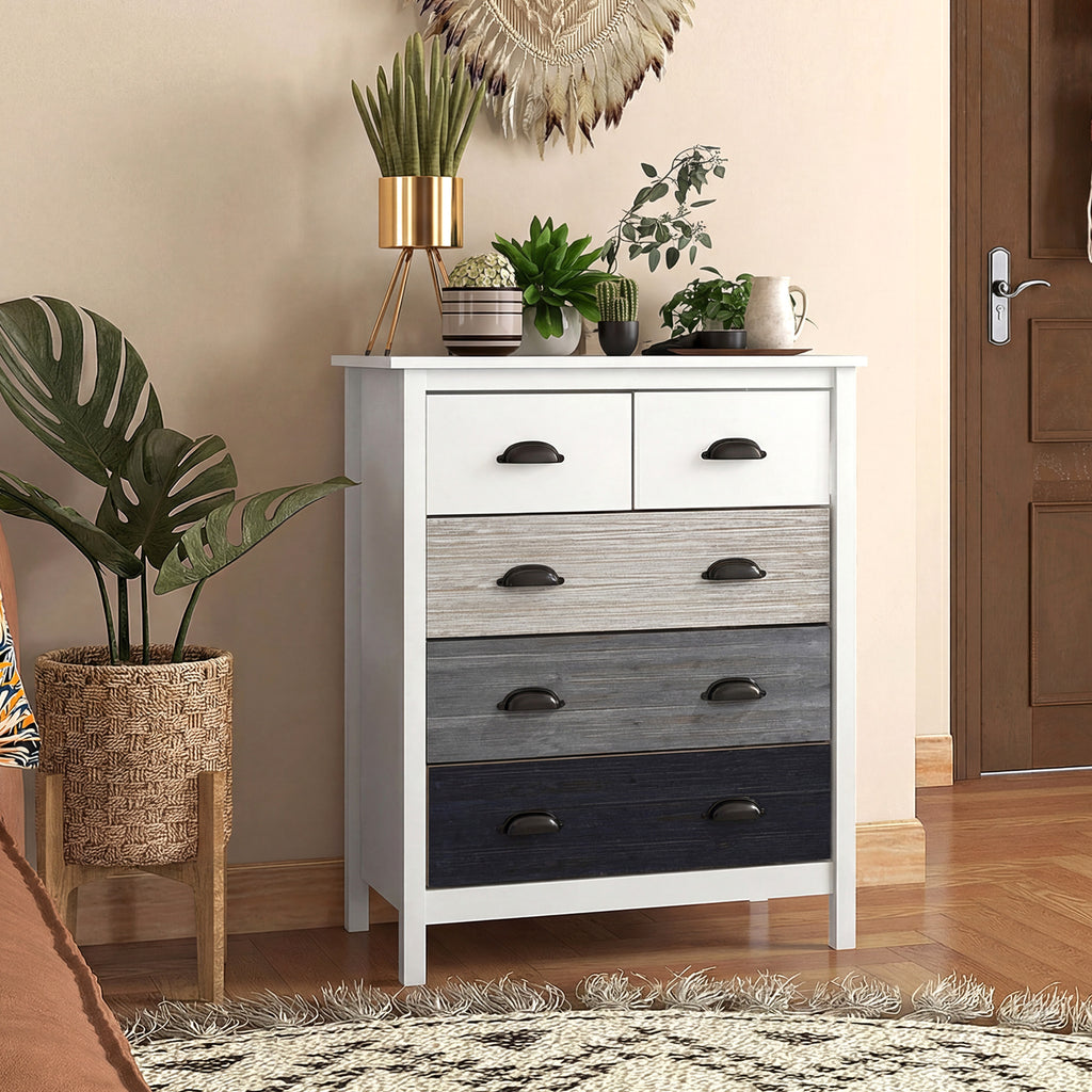 Sideboard, Kommode, 5 Schubladen, lackierte Oberfl?che, MDF & Kiefernholz, 70 x 38 x 85 cm, Wei?