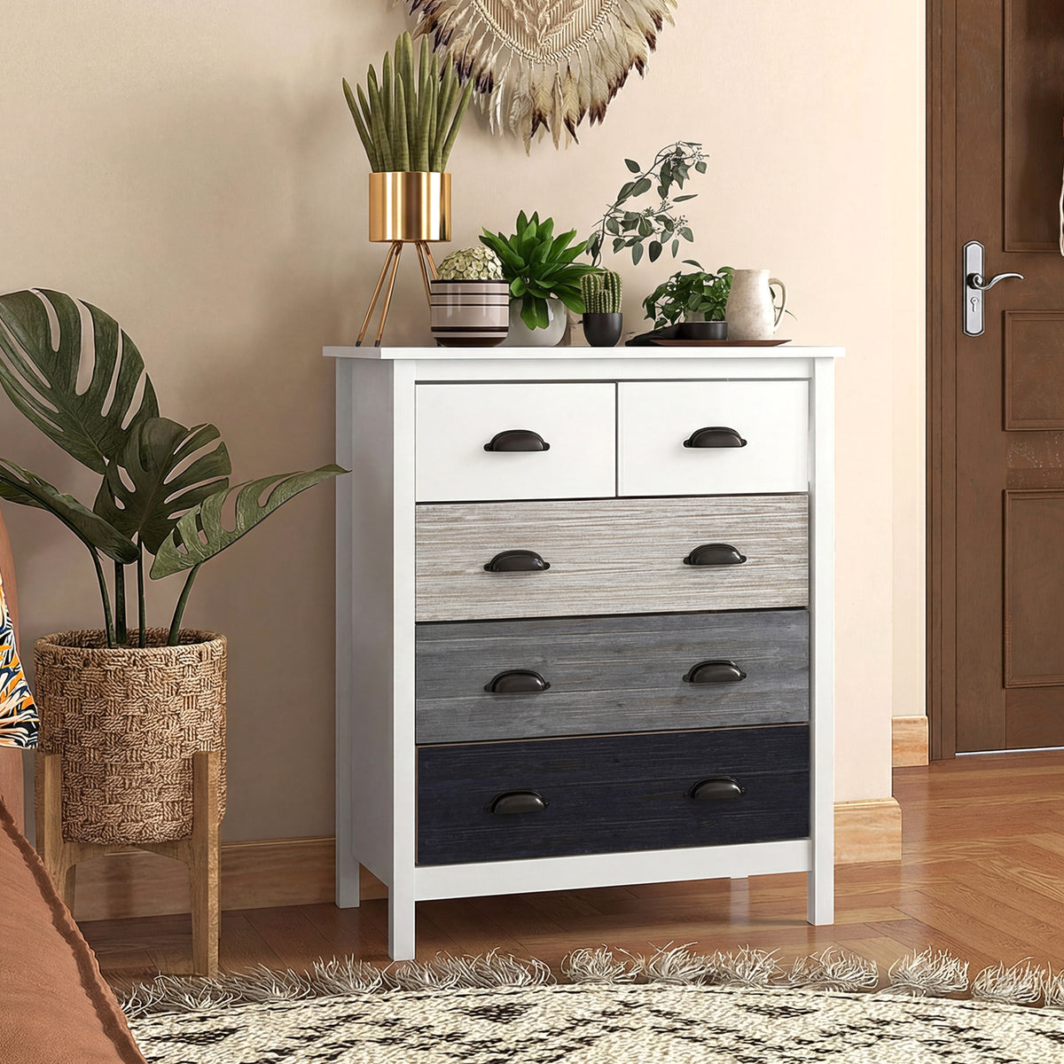 Sideboard, Kommode, 5 Schubladen, lackierte Oberfl?che, MDF & Kiefernholz, 70 x 38 x 85 cm, Wei?