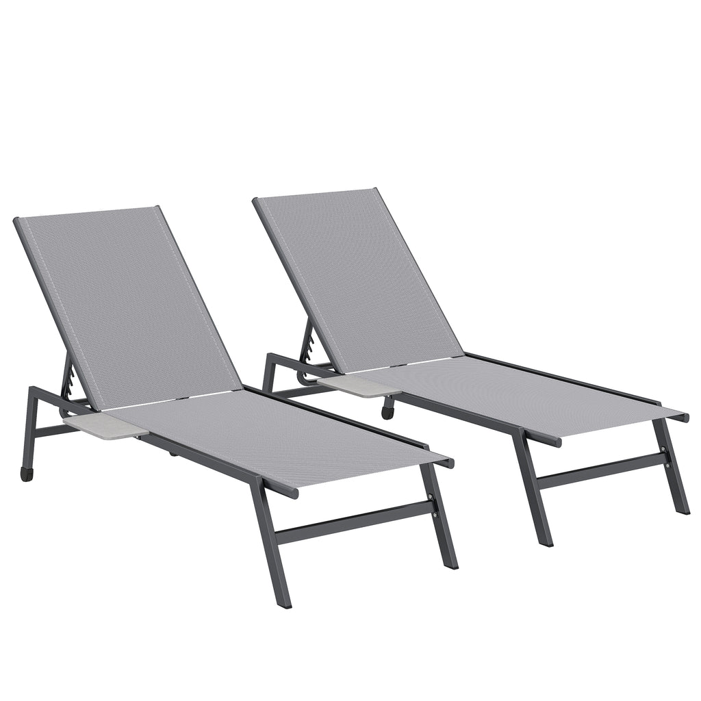 Sun Loungers Set of 2 with Side Tray Table, Garden Recliners with 5-Position Adjustable Backrest, 2 Wheels, Grey