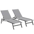 Sun Loungers Set of 2 with Side Tray Table, Garden Recliners with 5-Position Adjustable Backrest, 2 Wheels, Grey