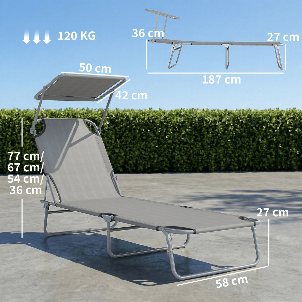 Folding Sun Lounger with Canopy, Reclining Sunbed with 4-Position Adjustable Backrest, 600D Oxford Cloth, Portable Garden Lounger Recliner Chair for Beach, Camping, Patio, Light Grey