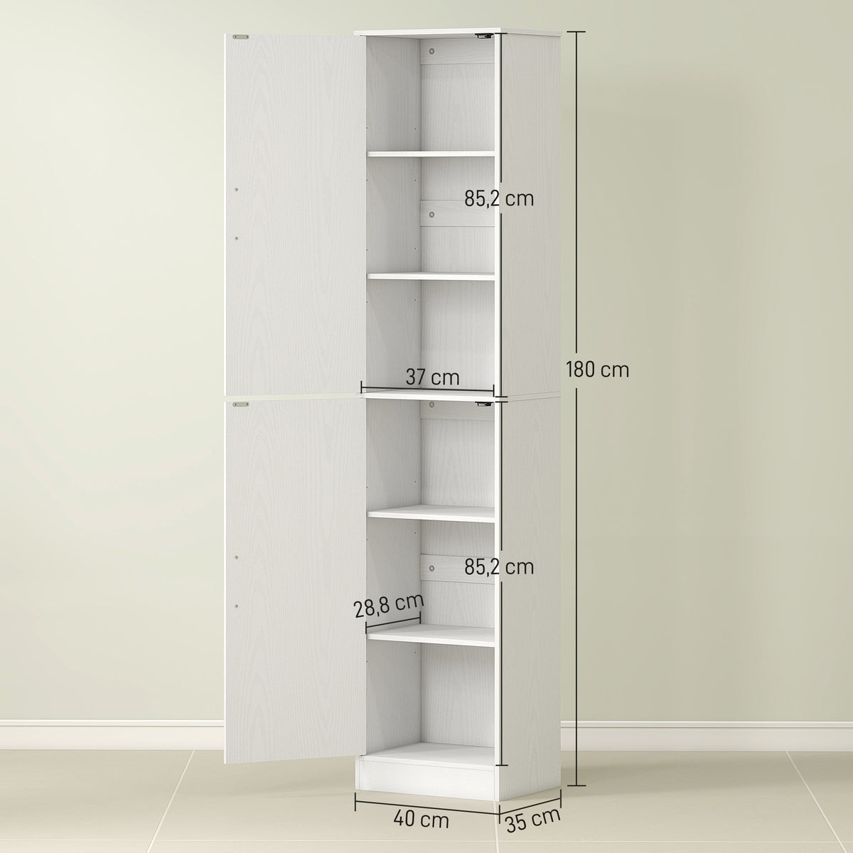 180 cm hoher Badezimmerschrank, schmaler Badschrank mit 2 T¨¹ren, 4 verstellbare Regale, Spanplatte, MDF, Wei?