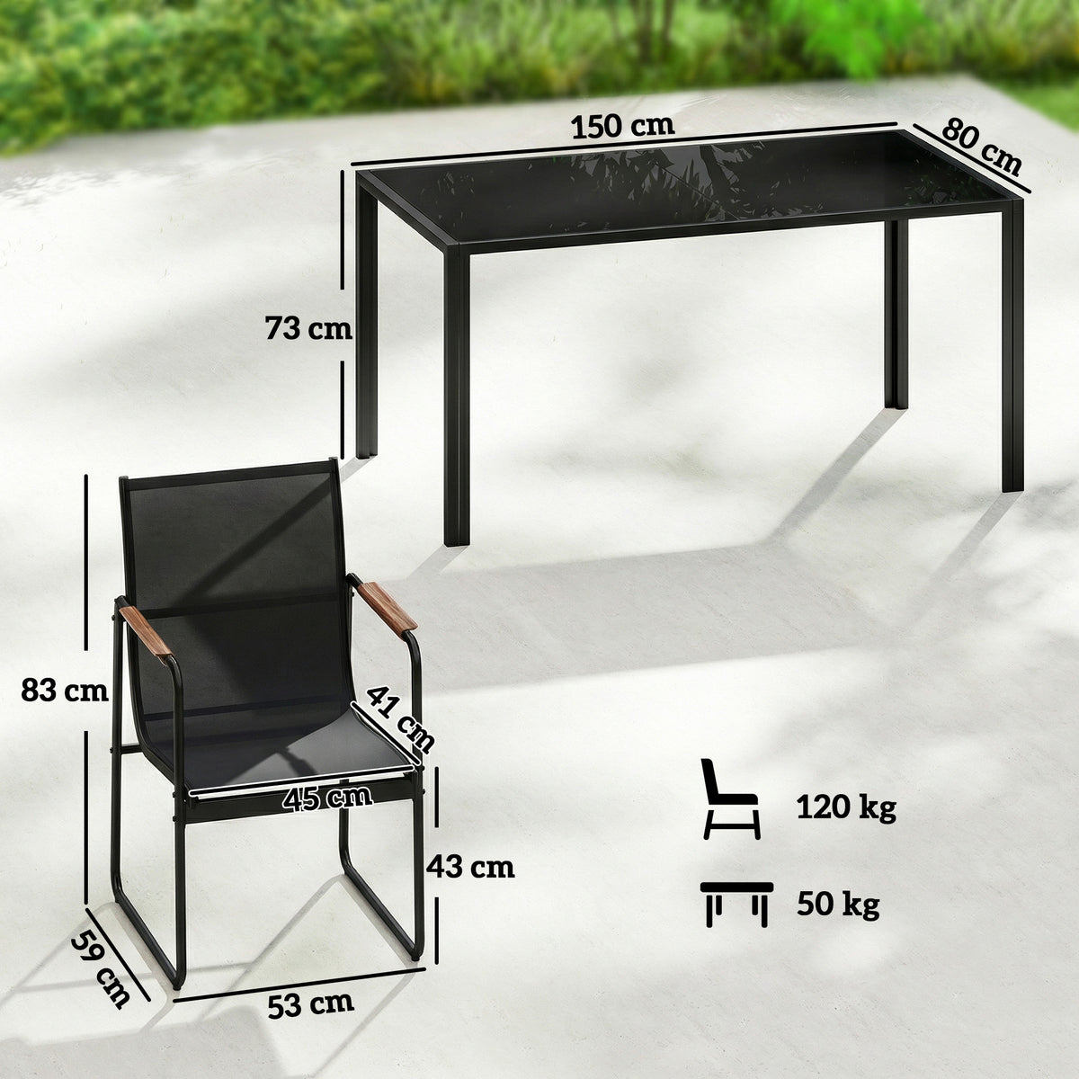 Gartenmöbel Set Sitzgruppe 150 x 80cm Glastisch mit 6 Atmungsaktiven Stühlen Dekorative Armlehnen Schwarz