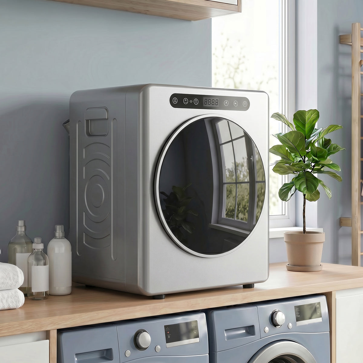 5kg Ablufttrockner, 1000W Kompakter freistehender Frontlader-Wäschetrockner mit Edelstahltrommel, Timer, Silber