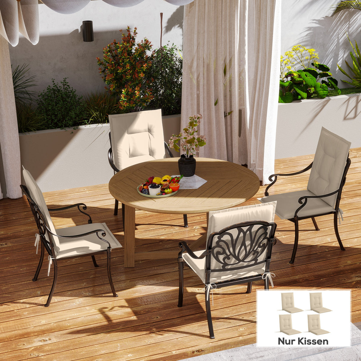 4er Set Sitzkissen 108 x 50 x 5 cm Stuhlkissen mit Bändern, Outdoor Indoor Sitzauflage Beige